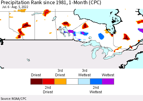 Canada Precipitation Rank since 1981, 1-Month (CPC) Thematic Map For 7/6/2022 - 8/5/2022
