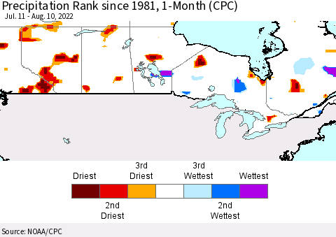 Canada Precipitation Rank since 1981, 1-Month (CPC) Thematic Map For 7/11/2022 - 8/10/2022