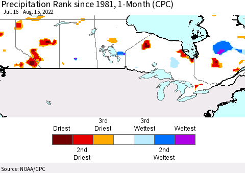 Canada Precipitation Rank since 1981, 1-Month (CPC) Thematic Map For 7/16/2022 - 8/15/2022