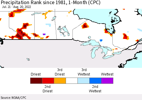 Canada Precipitation Rank since 1981, 1-Month (CPC) Thematic Map For 7/21/2022 - 8/20/2022