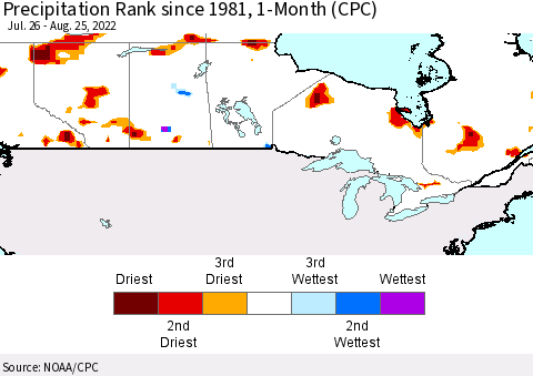 Canada Precipitation Rank since 1981, 1-Month (CPC) Thematic Map For 7/26/2022 - 8/25/2022