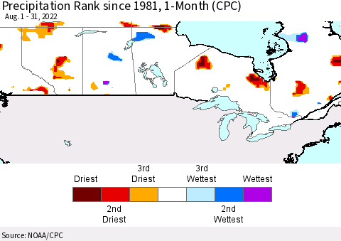 Canada Precipitation Rank since 1981, 1-Month (CPC) Thematic Map For 8/1/2022 - 8/31/2022