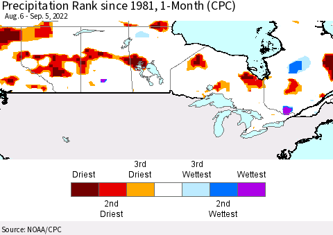 Canada Precipitation Rank since 1981, 1-Month (CPC) Thematic Map For 8/6/2022 - 9/5/2022