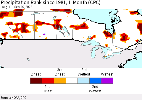 Canada Precipitation Rank since 1981, 1-Month (CPC) Thematic Map For 8/11/2022 - 9/10/2022