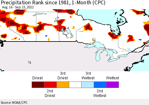 Canada Precipitation Rank since 1981, 1-Month (CPC) Thematic Map For 8/16/2022 - 9/15/2022