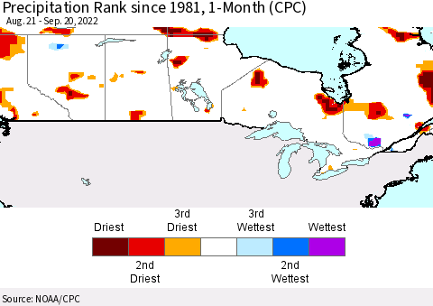 Canada Precipitation Rank since 1981, 1-Month (CPC) Thematic Map For 8/21/2022 - 9/20/2022
