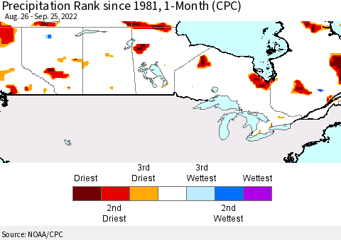 Canada Precipitation Rank since 1981, 1-Month (CPC) Thematic Map For 8/26/2022 - 9/25/2022