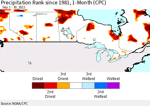 Canada Precipitation Rank since 1981, 1-Month (CPC) Thematic Map For 9/1/2022 - 9/30/2022