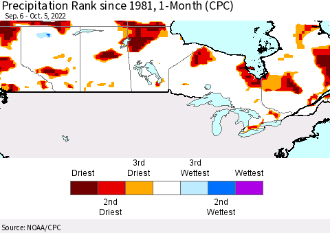 Canada Precipitation Rank since 1981, 1-Month (CPC) Thematic Map For 9/6/2022 - 10/5/2022