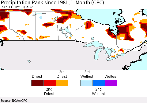 Canada Precipitation Rank since 1981, 1-Month (CPC) Thematic Map For 9/11/2022 - 10/10/2022