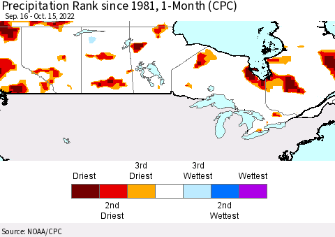 Canada Precipitation Rank since 1981, 1-Month (CPC) Thematic Map For 9/16/2022 - 10/15/2022