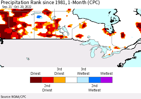 Canada Precipitation Rank since 1981, 1-Month (CPC) Thematic Map For 9/21/2022 - 10/20/2022