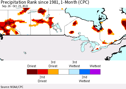 Canada Precipitation Rank since 1981, 1-Month (CPC) Thematic Map For 9/26/2022 - 10/25/2022