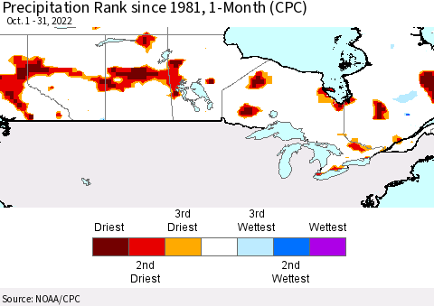 Canada Precipitation Rank since 1981, 1-Month (CPC) Thematic Map For 10/1/2022 - 10/31/2022