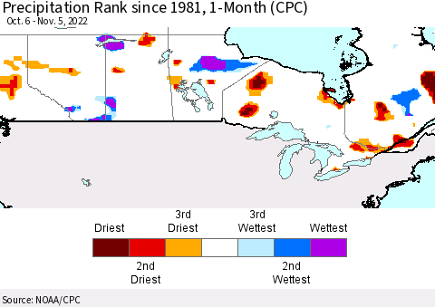 Canada Precipitation Rank since 1981, 1-Month (CPC) Thematic Map For 10/6/2022 - 11/5/2022