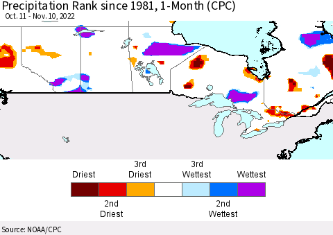 Canada Precipitation Rank since 1981, 1-Month (CPC) Thematic Map For 10/11/2022 - 11/10/2022