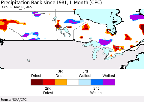 Canada Precipitation Rank since 1981, 1-Month (CPC) Thematic Map For 10/16/2022 - 11/15/2022