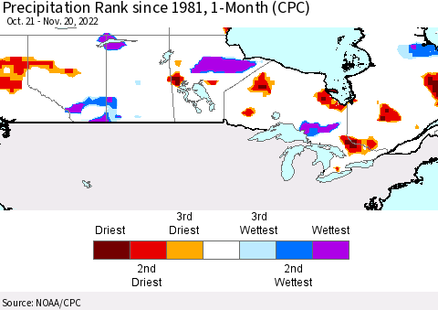 Canada Precipitation Rank since 1981, 1-Month (CPC) Thematic Map For 10/21/2022 - 11/20/2022