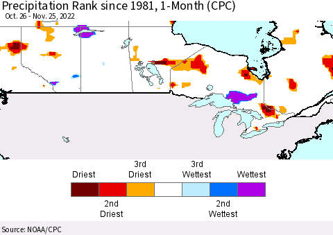 Canada Precipitation Rank since 1981, 1-Month (CPC) Thematic Map For 10/26/2022 - 11/25/2022