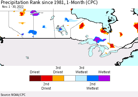 Canada Precipitation Rank since 1981, 1-Month (CPC) Thematic Map For 11/1/2022 - 11/30/2022