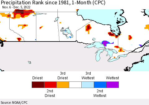 Canada Precipitation Rank since 1981, 1-Month (CPC) Thematic Map For 11/6/2022 - 12/5/2022