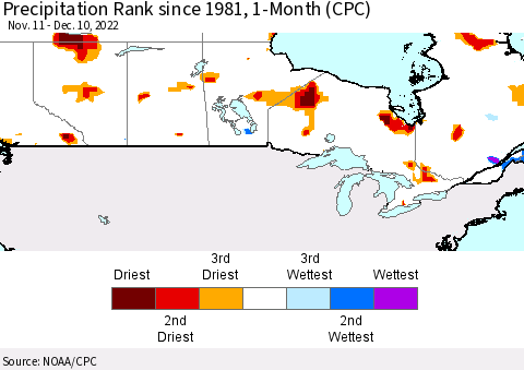 Canada Precipitation Rank since 1981, 1-Month (CPC) Thematic Map For 11/11/2022 - 12/10/2022
