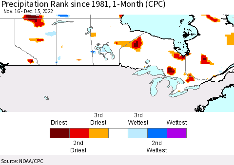 Canada Precipitation Rank since 1981, 1-Month (CPC) Thematic Map For 11/16/2022 - 12/15/2022