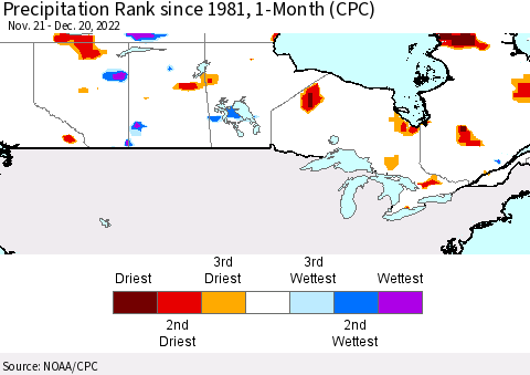 Canada Precipitation Rank since 1981, 1-Month (CPC) Thematic Map For 11/21/2022 - 12/20/2022