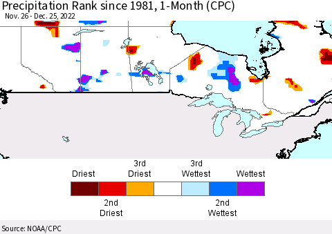 Canada Precipitation Rank since 1981, 1-Month (CPC) Thematic Map For 11/26/2022 - 12/25/2022