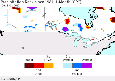 Canada Precipitation Rank since 1981, 1-Month (CPC) Thematic Map For 12/1/2022 - 12/31/2022