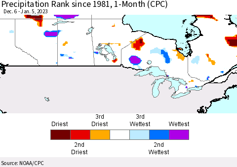Canada Precipitation Rank since 1981, 1-Month (CPC) Thematic Map For 12/6/2022 - 1/5/2023