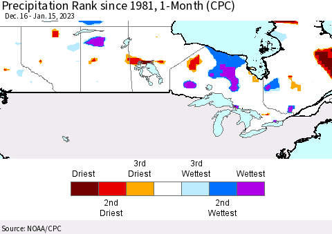 Canada Precipitation Rank since 1981, 1-Month (CPC) Thematic Map For 12/16/2022 - 1/15/2023