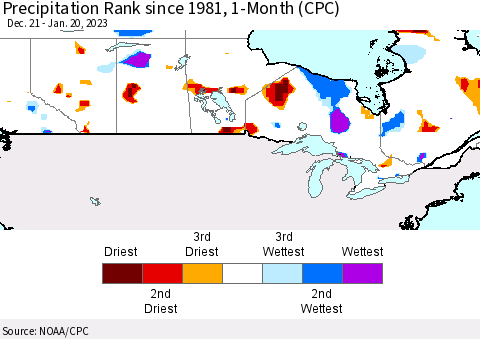 Canada Precipitation Rank since 1981, 1-Month (CPC) Thematic Map For 12/21/2022 - 1/20/2023