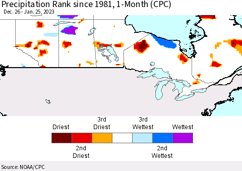 Canada Precipitation Rank since 1981, 1-Month (CPC) Thematic Map For 12/26/2022 - 1/25/2023