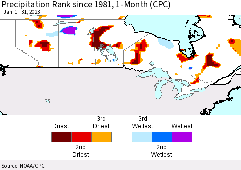 Canada Precipitation Rank since 1981, 1-Month (CPC) Thematic Map For 1/1/2023 - 1/31/2023