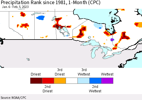 Canada Precipitation Rank since 1981, 1-Month (CPC) Thematic Map For 1/6/2023 - 2/5/2023