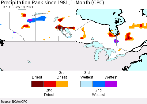 Canada Precipitation Rank since 1981, 1-Month (CPC) Thematic Map For 1/11/2023 - 2/10/2023