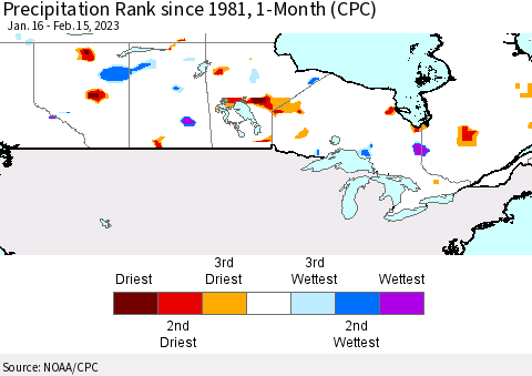 Canada Precipitation Rank since 1981, 1-Month (CPC) Thematic Map For 1/16/2023 - 2/15/2023