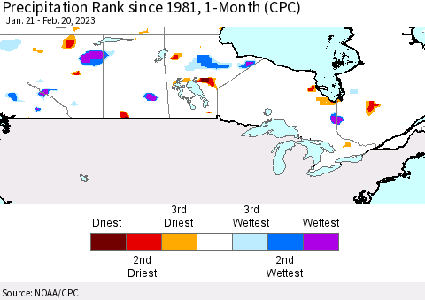Canada Precipitation Rank since 1981, 1-Month (CPC) Thematic Map For 1/21/2023 - 2/20/2023