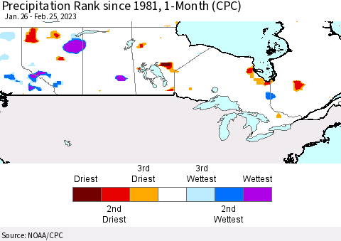 Canada Precipitation Rank since 1981, 1-Month (CPC) Thematic Map For 1/26/2023 - 2/25/2023