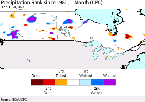 Canada Precipitation Rank since 1981, 1-Month (CPC) Thematic Map For 2/1/2023 - 2/28/2023