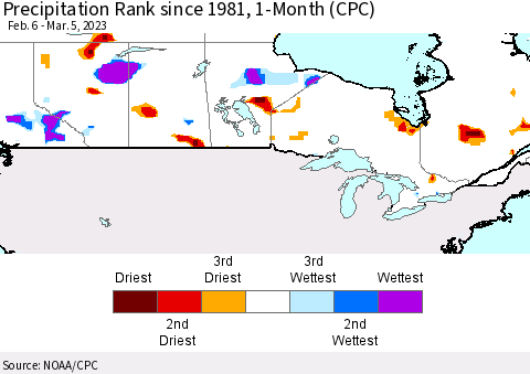 Canada Precipitation Rank since 1981, 1-Month (CPC) Thematic Map For 2/6/2023 - 3/5/2023