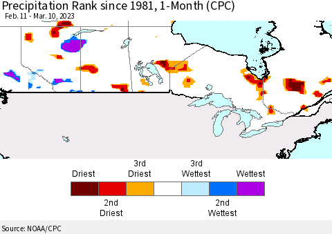 Canada Precipitation Rank since 1981, 1-Month (CPC) Thematic Map For 2/11/2023 - 3/10/2023