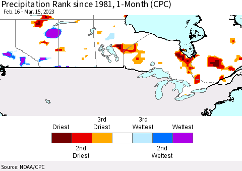 Canada Precipitation Rank since 1981, 1-Month (CPC) Thematic Map For 2/16/2023 - 3/15/2023