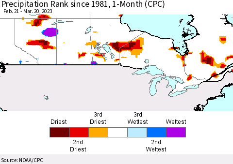 Canada Precipitation Rank since 1981, 1-Month (CPC) Thematic Map For 2/21/2023 - 3/20/2023