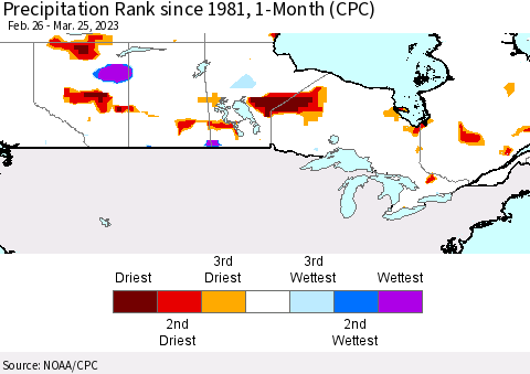 Canada Precipitation Rank since 1981, 1-Month (CPC) Thematic Map For 2/26/2023 - 3/25/2023