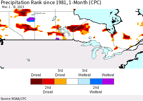 Canada Precipitation Rank since 1981, 1-Month (CPC) Thematic Map For 3/1/2023 - 3/31/2023