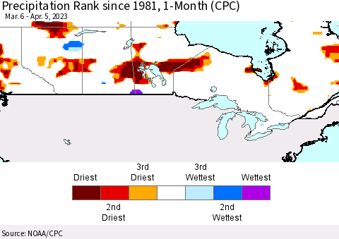 Canada Precipitation Rank since 1981, 1-Month (CPC) Thematic Map For 3/6/2023 - 4/5/2023