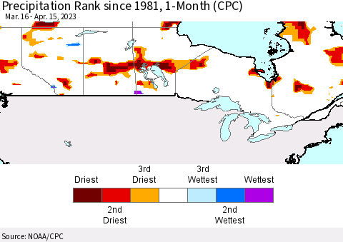 Canada Precipitation Rank since 1981, 1-Month (CPC) Thematic Map For 3/16/2023 - 4/15/2023