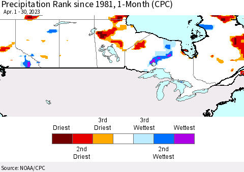 Canada Precipitation Rank since 1981, 1-Month (CPC) Thematic Map For 4/1/2023 - 4/30/2023
